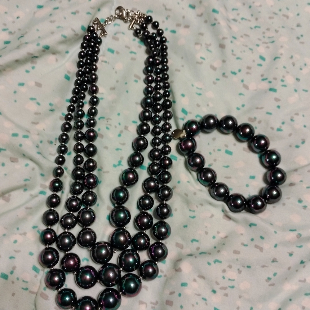 New Charter Club Peacock Pearl 3 Strand Necklace & Bracelet